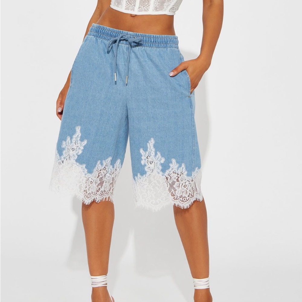 Blue Denim Shorts with White Lace Trim
